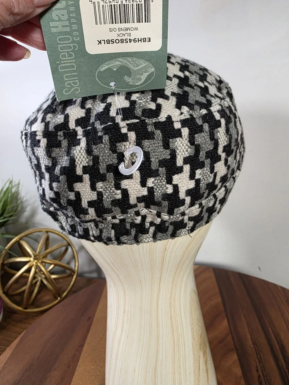 NEW San Diego Hat Company Black & White Houndstooth Cadet Hat Faux-Leather Band